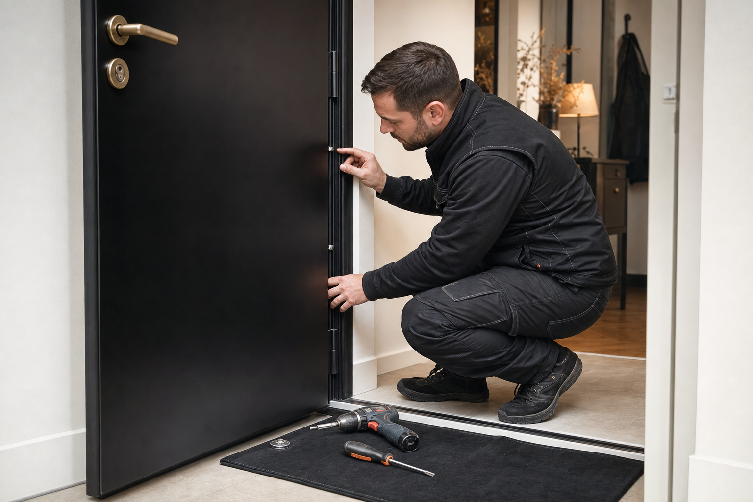 Serrurier installant des renforts anti-dégondage sur une porte noire à Bruxelles