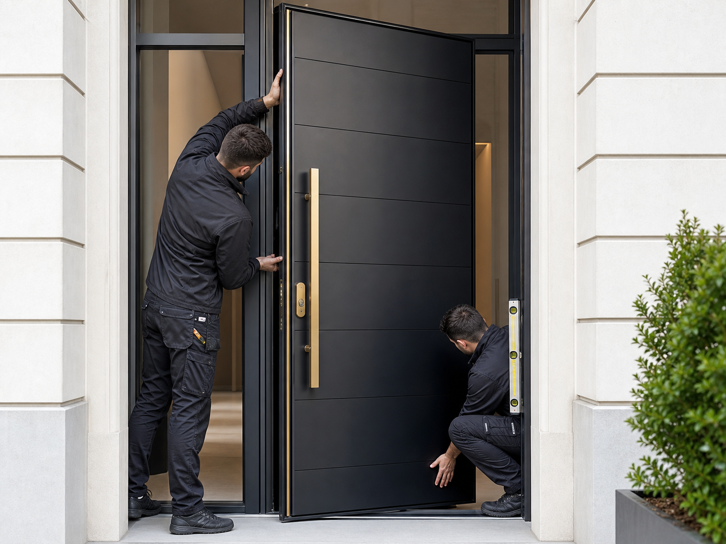 Deux serruriers installant une porte d'entrée sécurisée noire à Bruxelles
